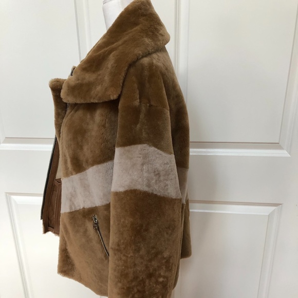 Cropped Brown Chevron-stripe Shearling Jacket - Picture 8 of 13